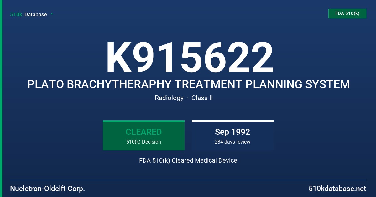 K915622 PLATO BRACHYTHERAPHY TREATMENT PLANNING SYSTEM FDA 510(k) Cleared Medical Device