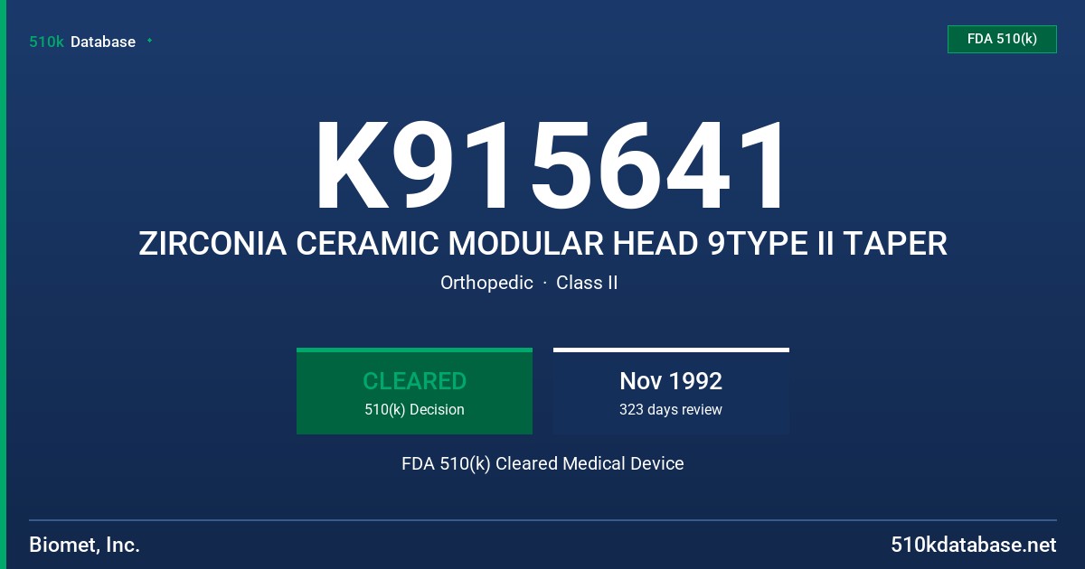 K915641 ZIRCONIA CERAMIC MODULAR HEAD 9TYPE II TAPER FDA 510(k) Cleared Medical Device