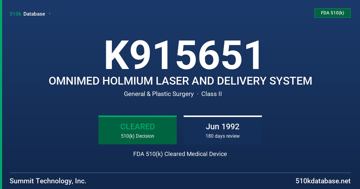 K915651 OMNIMED HOLMIUM LASER AND DELIVERY SYSTEM FDA 510(k) Cleared Medical Device