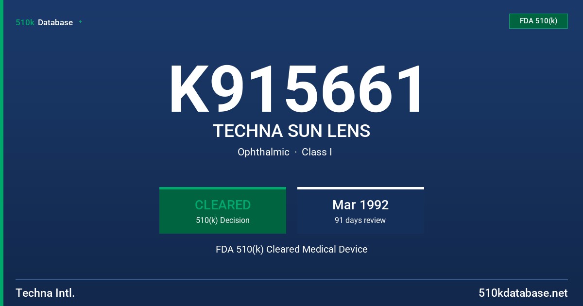 K915661 TECHNA SUN LENS FDA 510(k) Cleared Medical Device