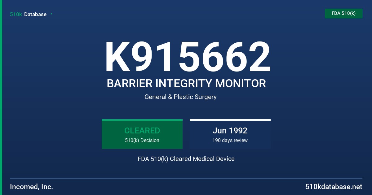 K915662 BARRIER INTEGRITY MONITOR FDA 510(k) Cleared Medical Device