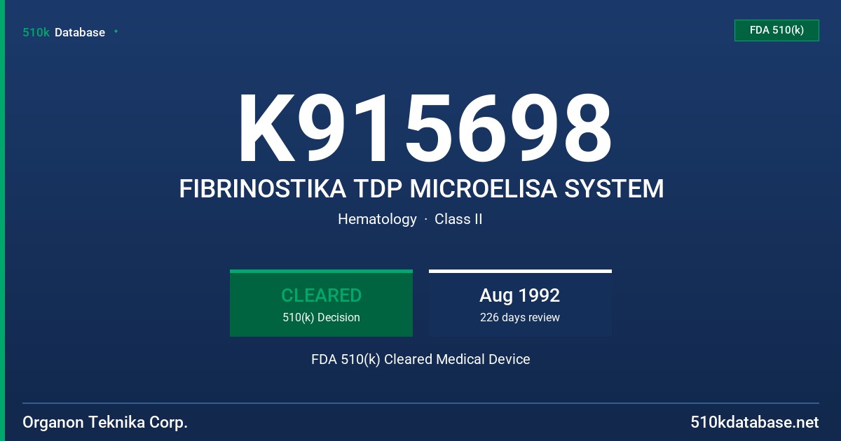 K915698 FIBRINOSTIKA TDP MICROELISA SYSTEM FDA 510(k) Cleared Medical Device