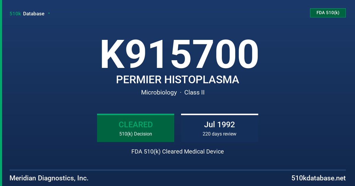 K915700 PERMIER HISTOPLASMA FDA 510(k) Cleared Medical Device