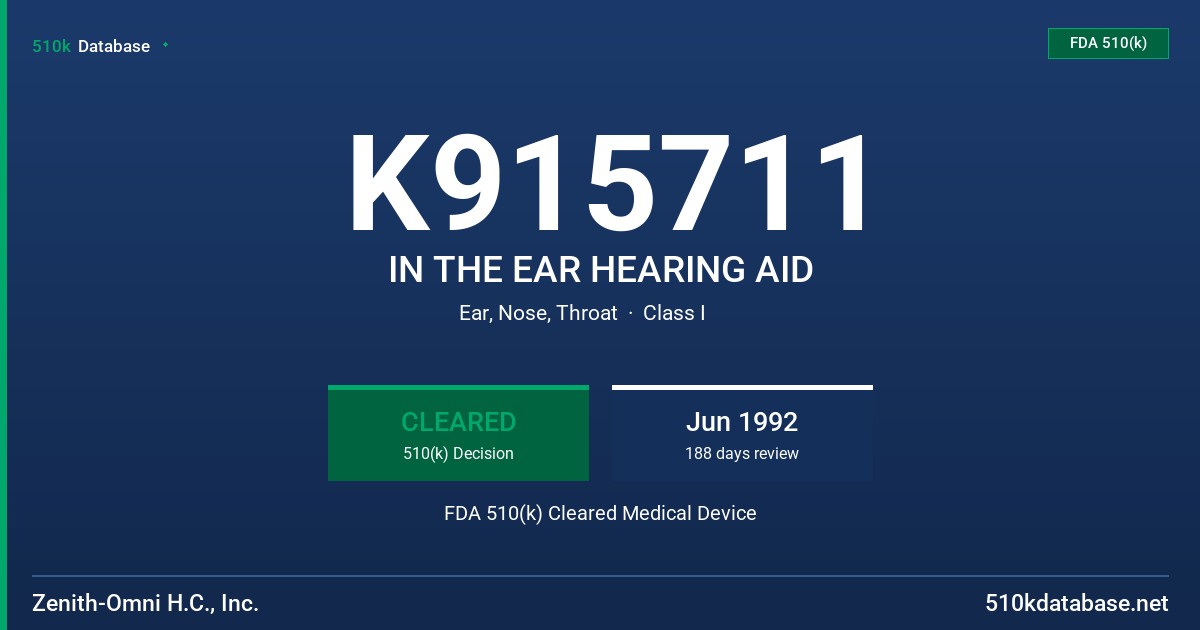K915711 IN THE EAR HEARING AID FDA 510(k) Cleared Medical Device