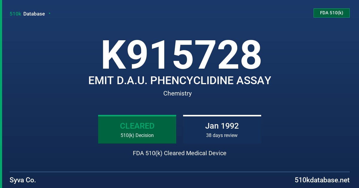 K915728 EMIT D.A.U. PHENCYCLIDINE ASSAY FDA 510(k) Cleared Medical Device