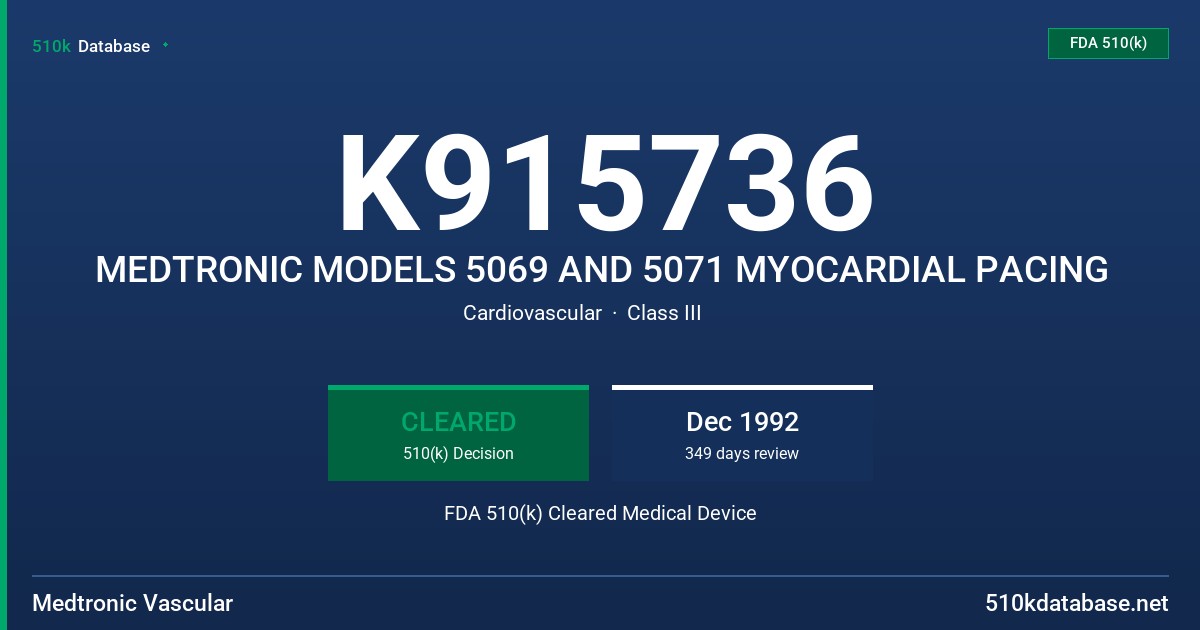 K915736 MEDTRONIC MODELS 5069 AND 5071 MYOCARDIAL PACING FDA 510(k) Cleared Medical Device