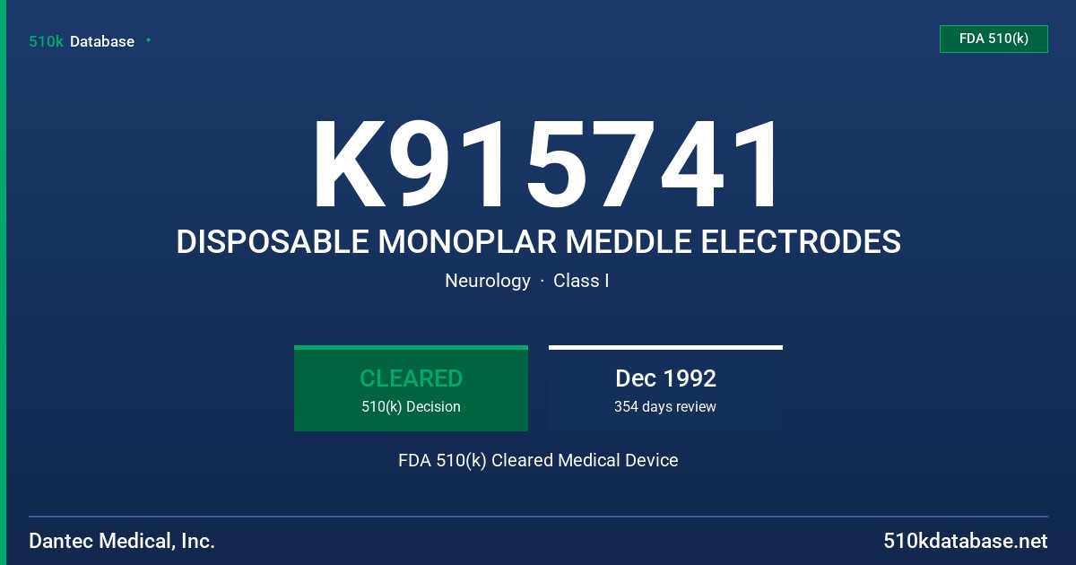 K915741 DISPOSABLE MONOPLAR MEDDLE ELECTRODES FDA 510(k) Cleared Medical Device