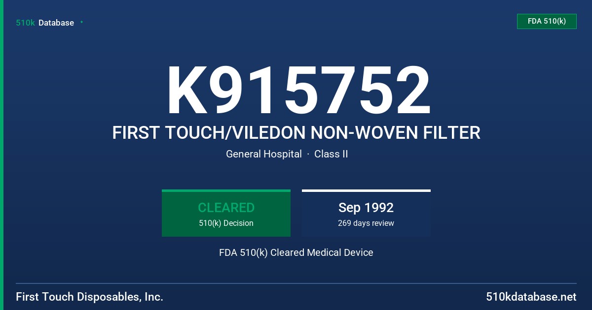 K915752 FIRST TOUCH/VILEDON NON-WOVEN FILTER FDA 510(k) Cleared Medical Device