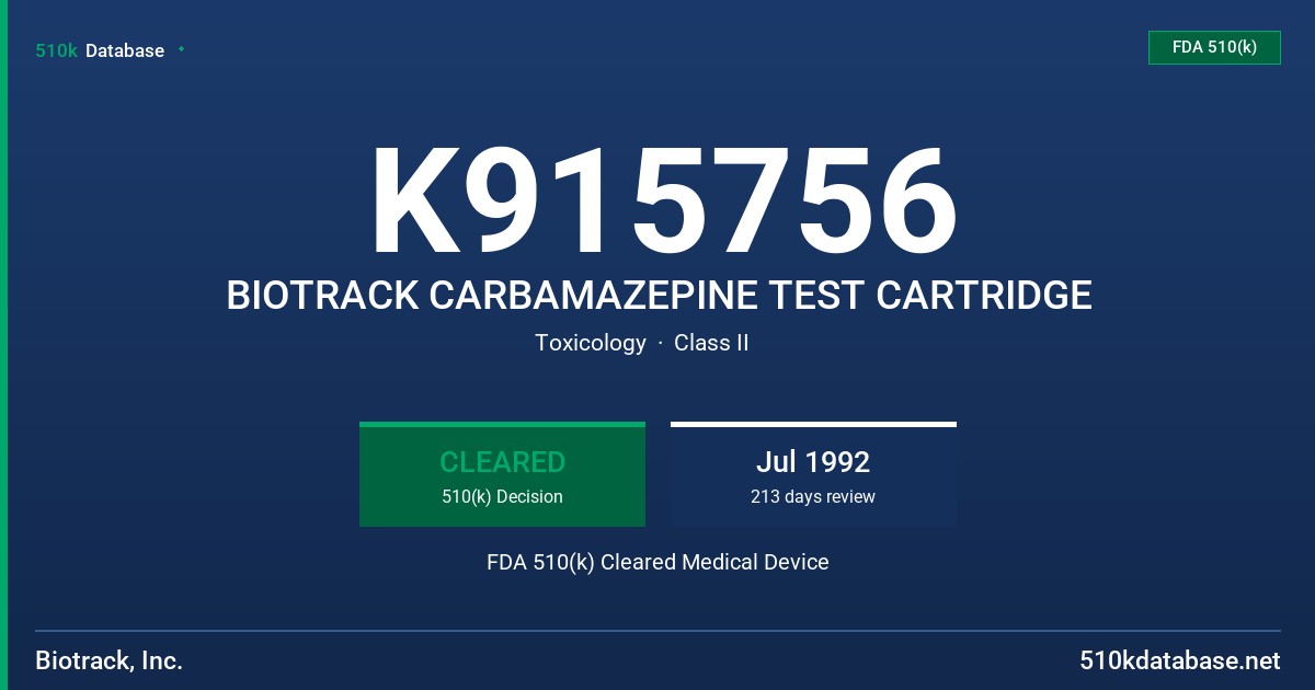 K915756 BIOTRACK CARBAMAZEPINE TEST CARTRIDGE FDA 510(k) Cleared Medical Device