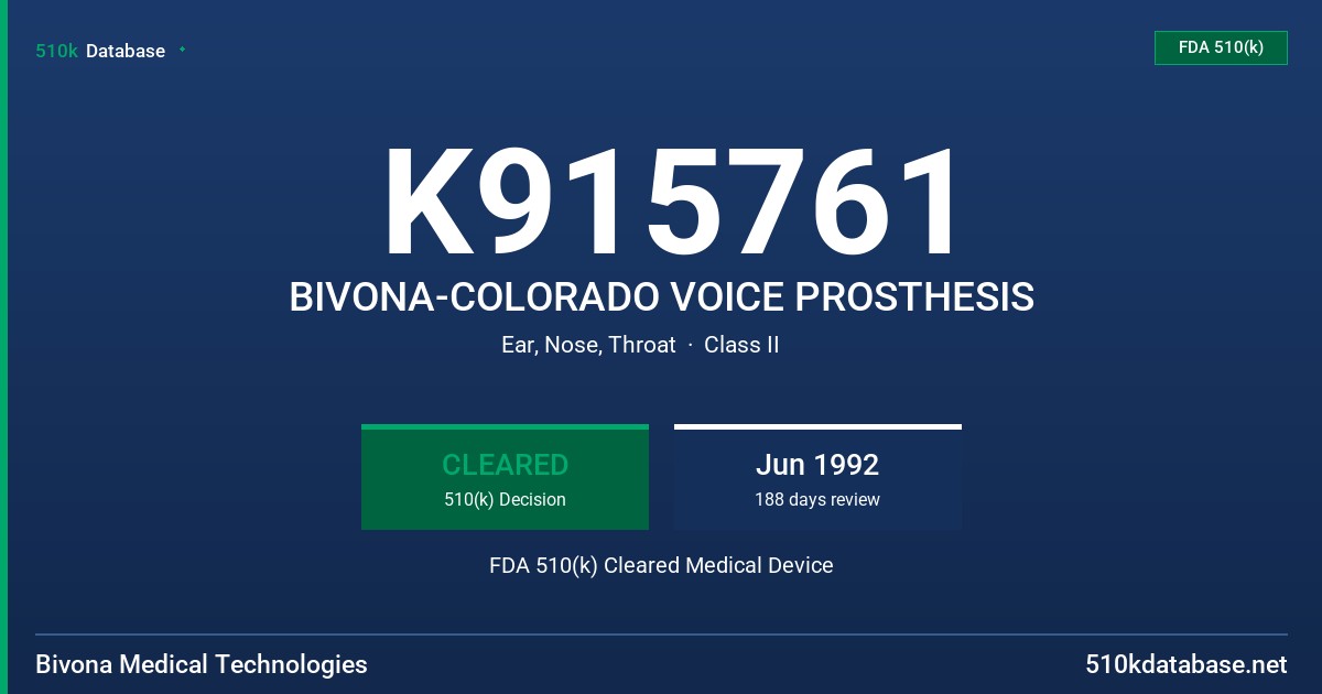 K915761 BIVONA-COLORADO VOICE PROSTHESIS FDA 510(k) Cleared Medical Device