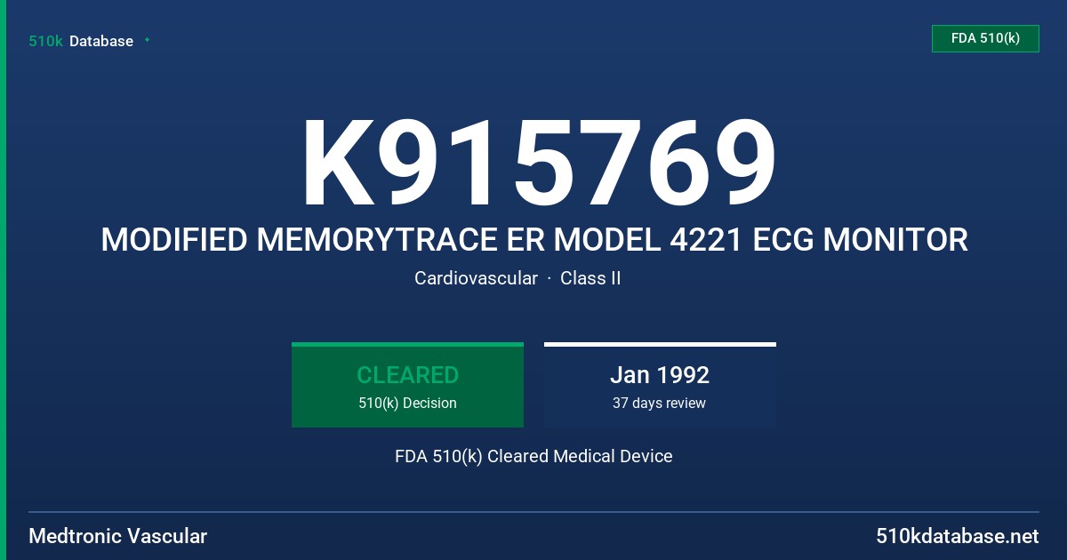 K915769 MODIFIED MEMORYTRACE ER MODEL 4221 ECG MONITOR FDA 510(k) Cleared Medical Device