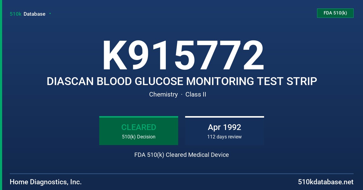 K915772 DIASCAN BLOOD GLUCOSE MONITORING TEST STRIP FDA 510(k) Cleared Medical Device