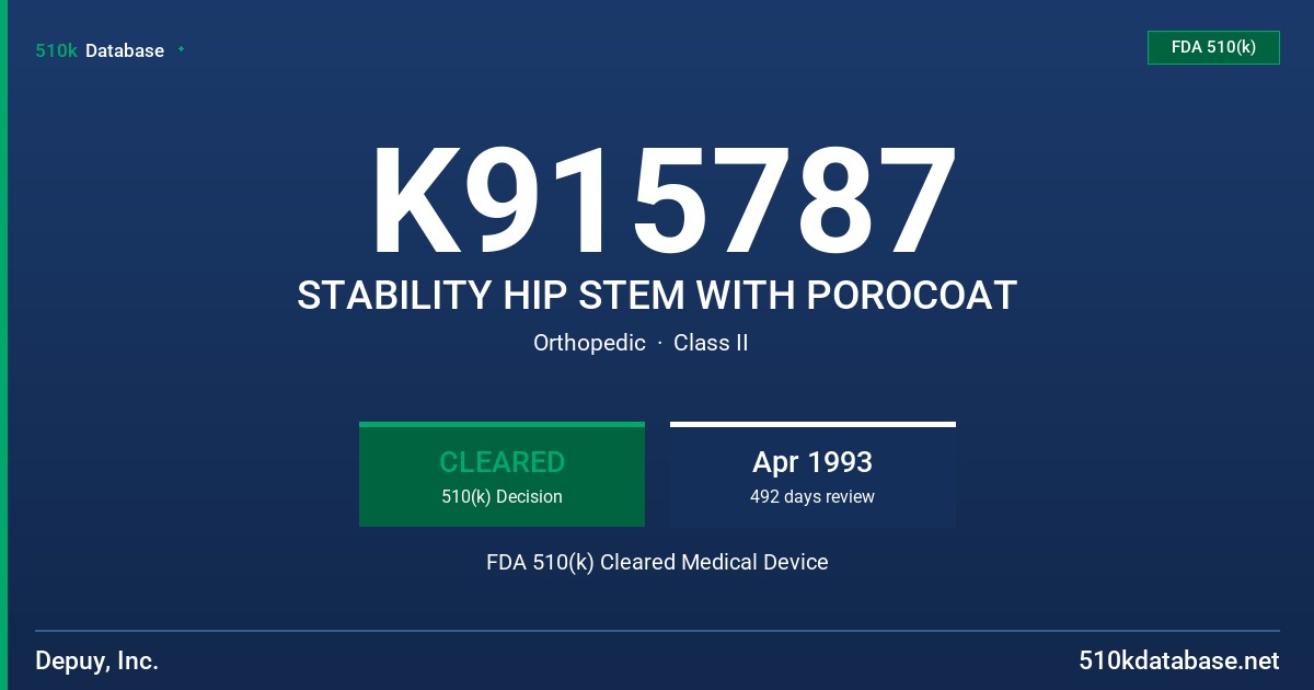 K915787 STABILITY HIP STEM WITH POROCOAT FDA 510(k) Cleared Medical Device