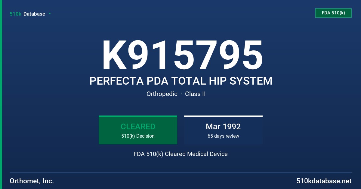 K915795 PERFECTA PDA TOTAL HIP SYSTEM FDA 510(k) Cleared Medical Device
