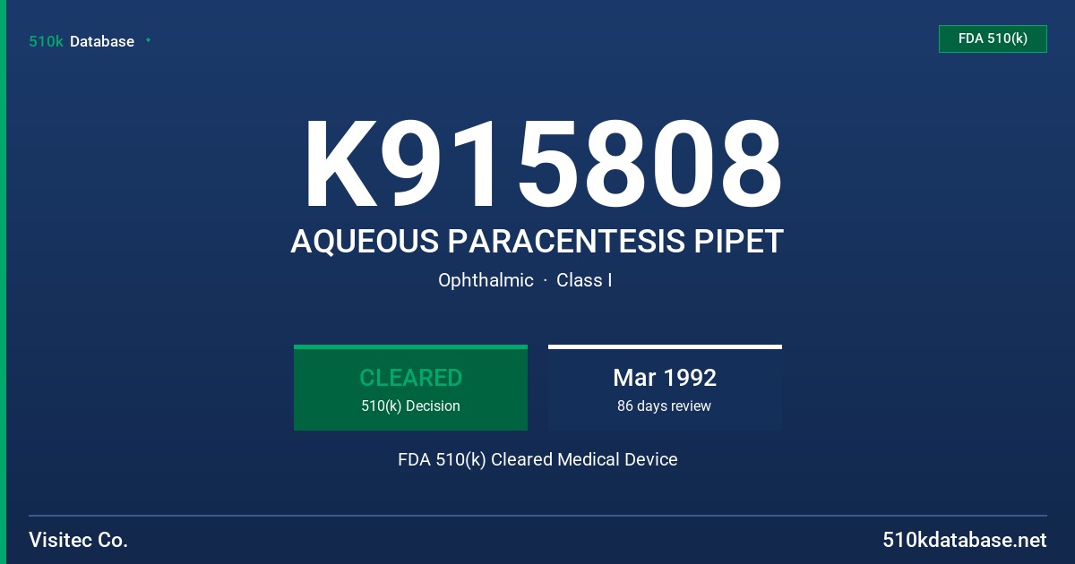 K915808 AQUEOUS PARACENTESIS PIPET FDA 510(k) Cleared Medical Device