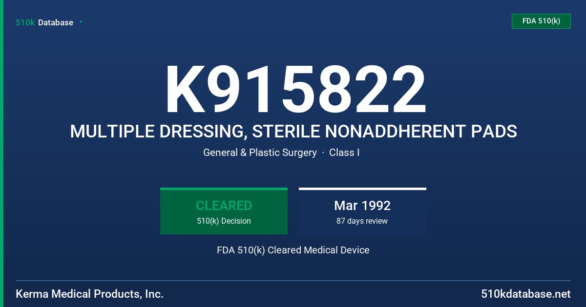K915822 MULTIPLE DRESSING, STERILE NONADDHERENT PADS FDA 510(k) Cleared Medical Device
