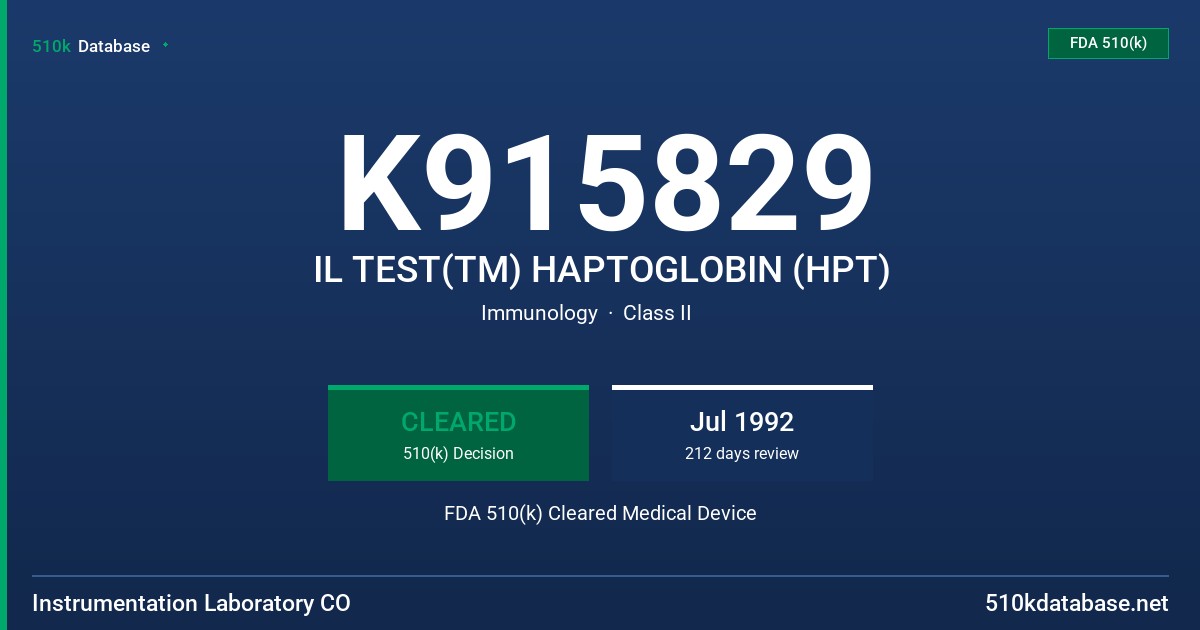 K915829 IL TEST(TM) HAPTOGLOBIN (HPT) FDA 510(k) Cleared Medical Device