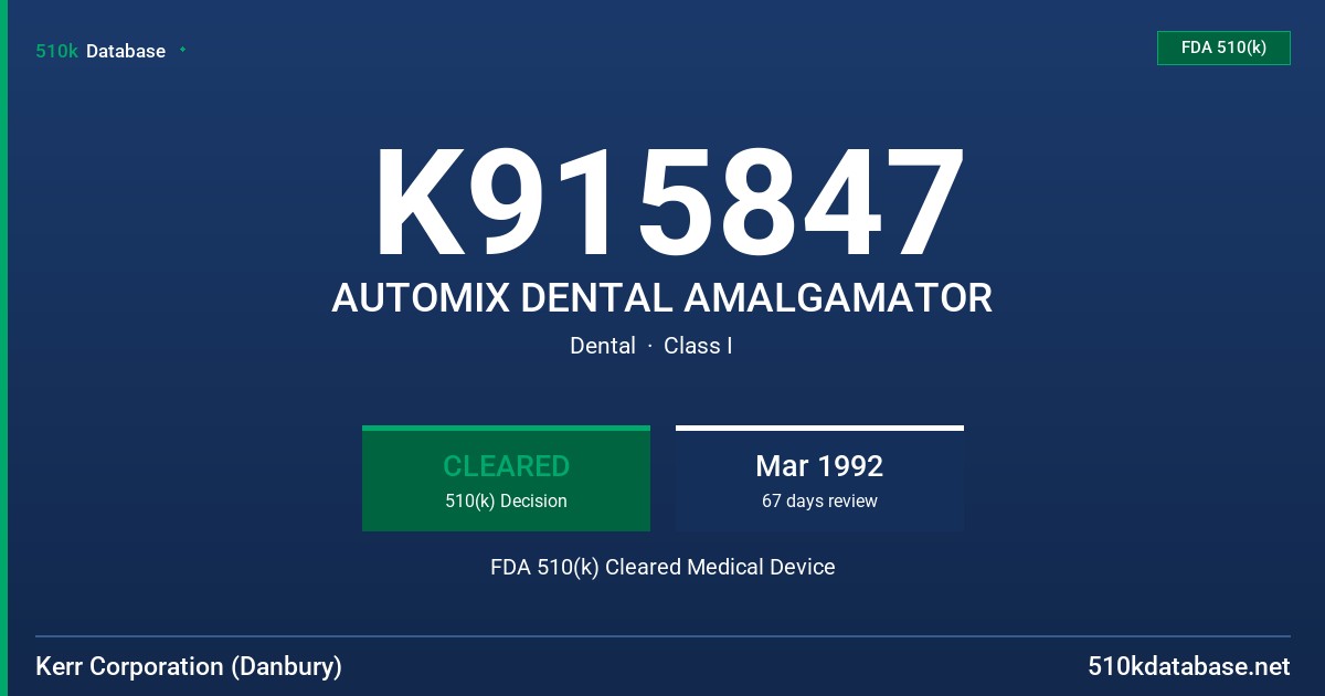 K915847 AUTOMIX DENTAL AMALGAMATOR FDA 510(k) Cleared Medical Device