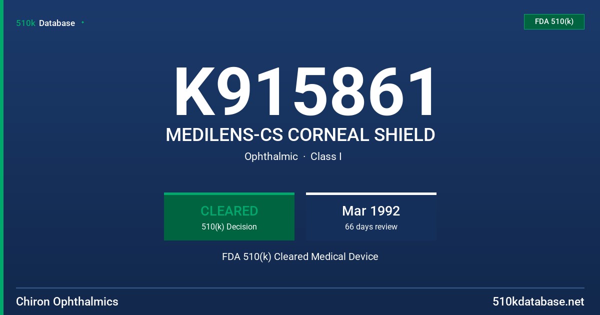 K915861 MEDILENS-CS CORNEAL SHIELD FDA 510(k) Cleared Medical Device