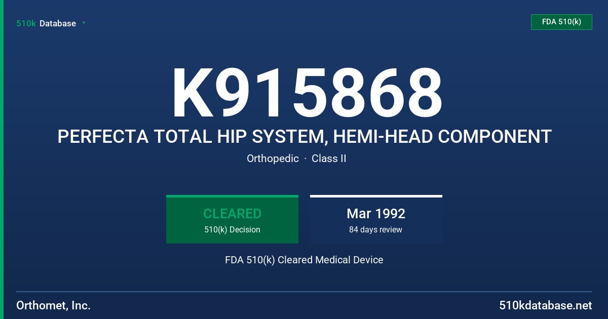 K915868 PERFECTA TOTAL HIP SYSTEM, HEMI-HEAD COMPONENT FDA 510(k) Cleared Medical Device