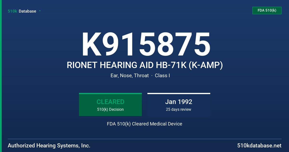 K915875 RIONET HEARING AID HB-71K (K-AMP) FDA 510(k) Cleared Medical Device