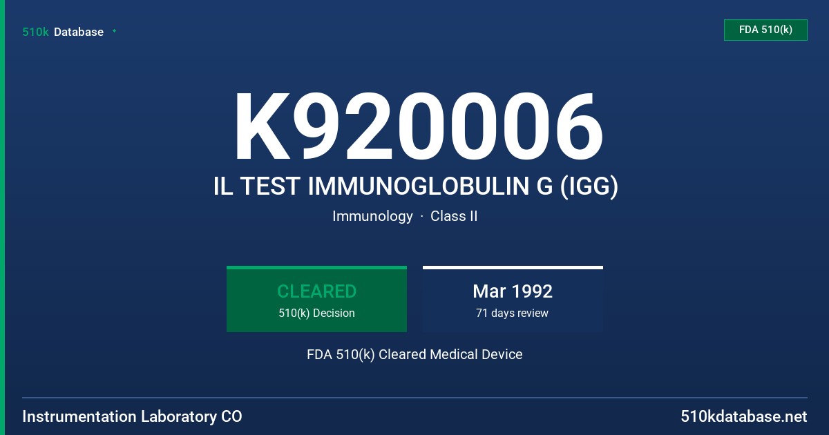 K920006 IL TEST IMMUNOGLOBULIN G (IGG) FDA 510(k) Cleared Medical Device