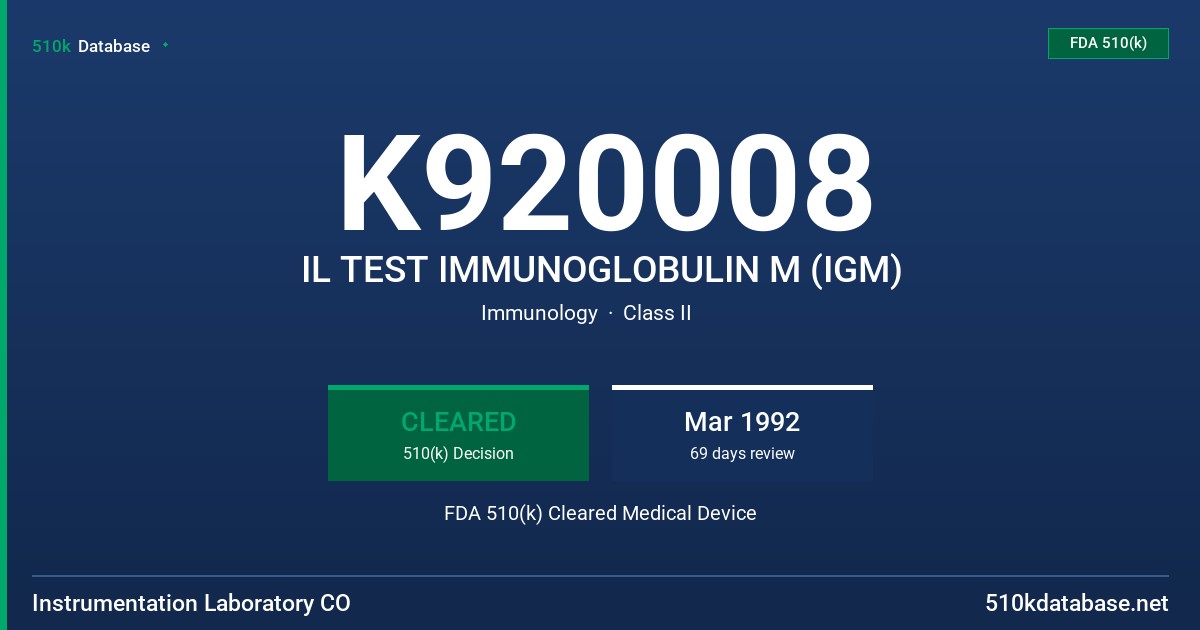K920008 IL TEST IMMUNOGLOBULIN M (IGM) FDA 510(k) Cleared Medical Device