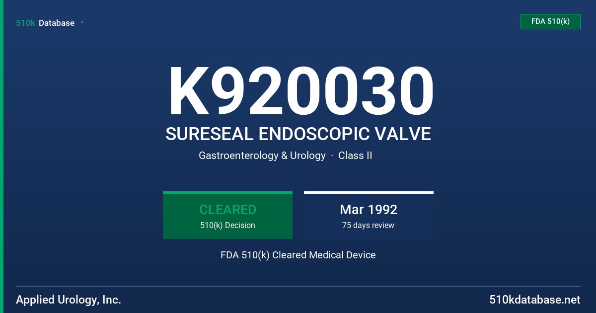 K920030 SURESEAL ENDOSCOPIC VALVE FDA 510(k) Cleared Medical Device