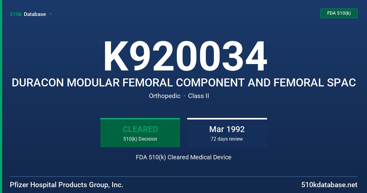 K920034 DURACON MODULAR FEMORAL COMPONENT AND FEMORAL SPAC FDA 510(k) Cleared Medical Device