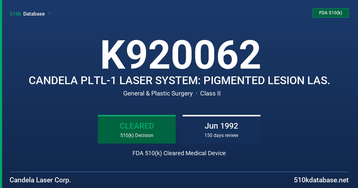 K920062 CANDELA PLTL-1 LASER SYSTEM: PIGMENTED LESION LAS. FDA 510(k) Cleared Medical Device