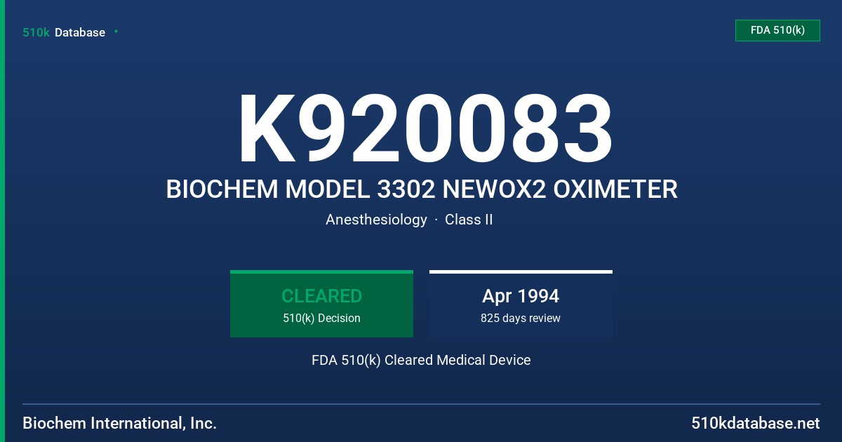 K920083 BIOCHEM MODEL 3302 NEWOX2 OXIMETER FDA 510(k) Cleared Medical Device