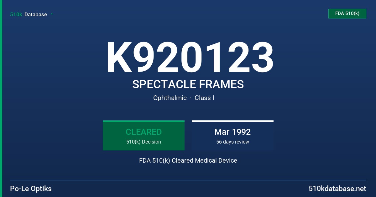 K920123 SPECTACLE FRAMES FDA 510(k) Cleared Medical Device