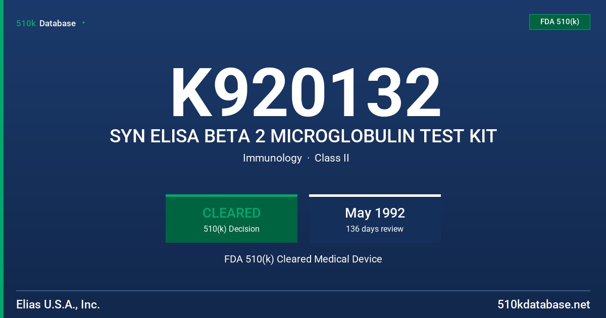 K920132 SYN ELISA BETA 2 MICROGLOBULIN TEST KIT FDA 510(k) Cleared Medical Device