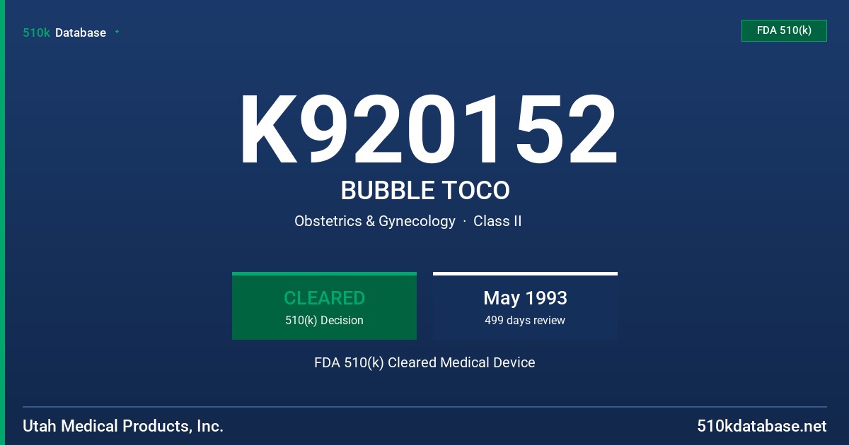 K920152 BUBBLE TOCO FDA 510(k) Cleared Medical Device