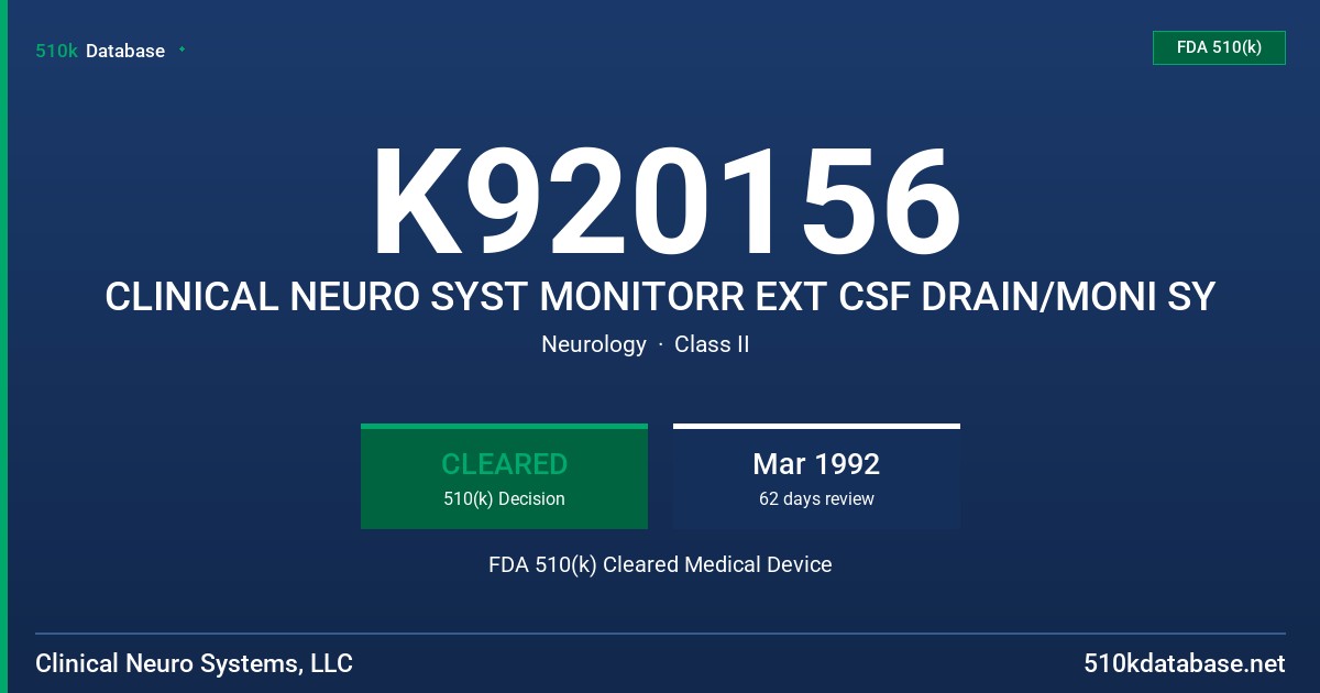 K920156 CLINICAL NEURO SYST MONITORR EXT CSF DRAIN/MONI SY FDA 510(k) Cleared Medical Device