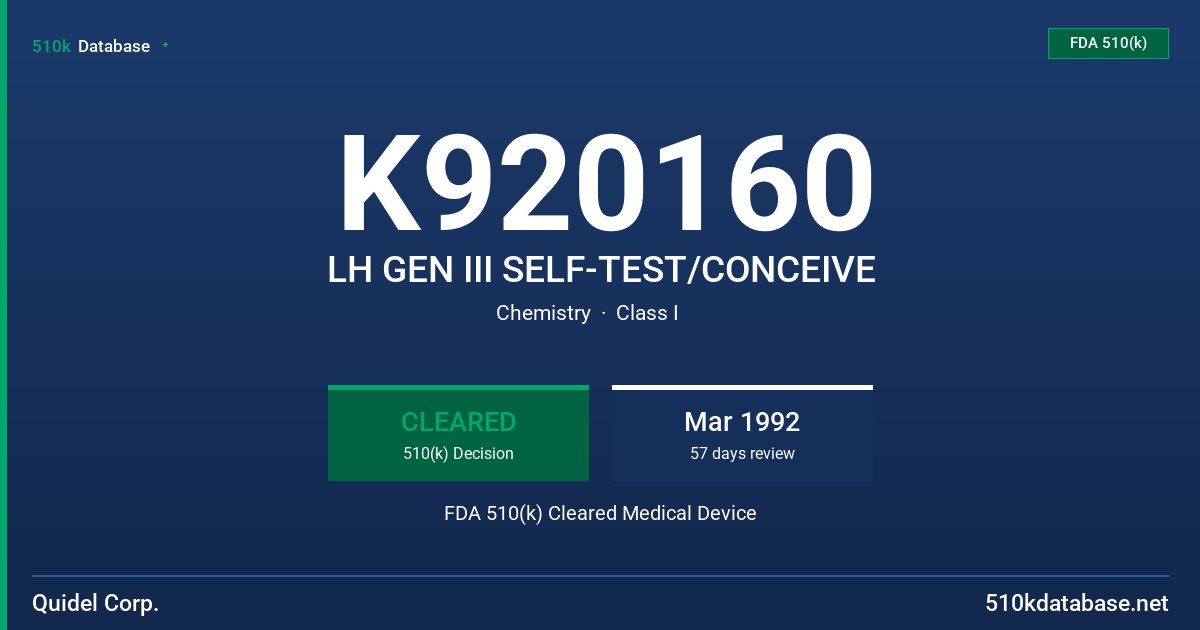 K920160 LH GEN III SELF-TEST/CONCEIVE FDA 510(k) Cleared Medical Device