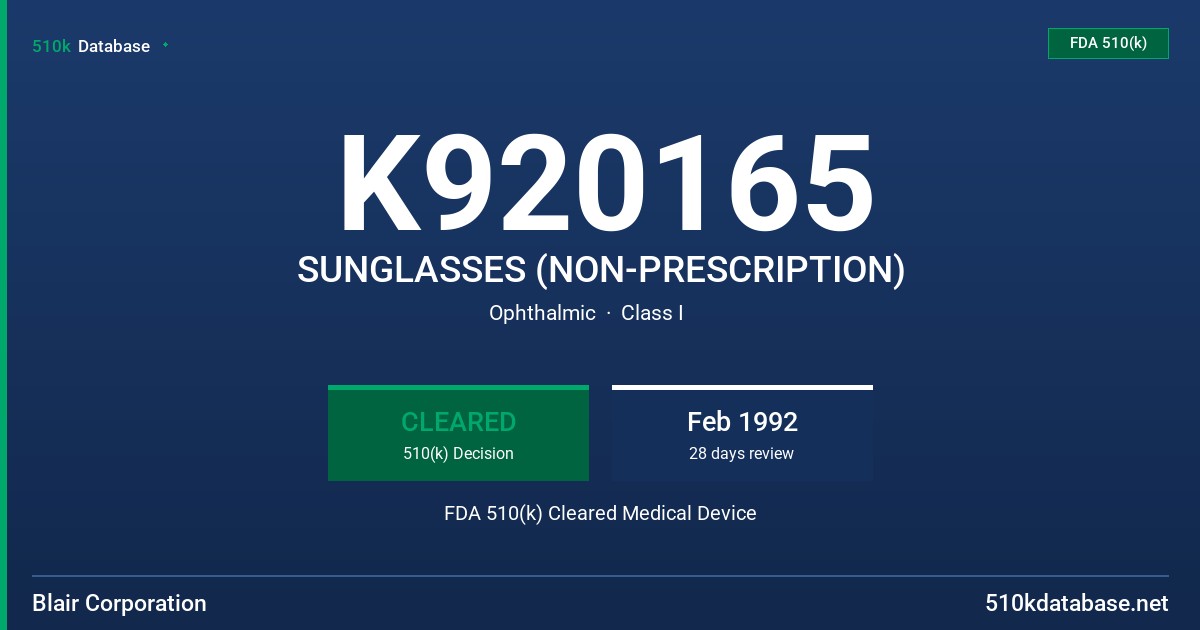 K920165 SUNGLASSES (NON-PRESCRIPTION) FDA 510(k) Cleared Medical Device