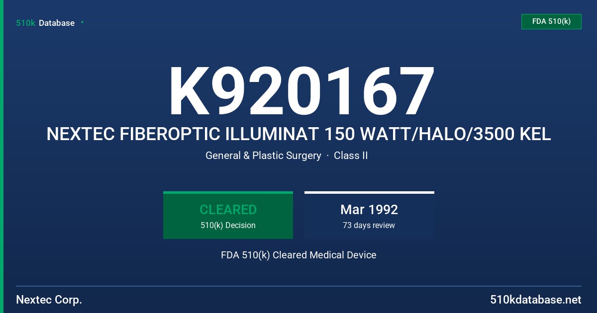 K920167 NEXTEC FIBEROPTIC ILLUMINAT 150 WATT/HALO/3500 KEL FDA 510(k) Cleared Medical Device