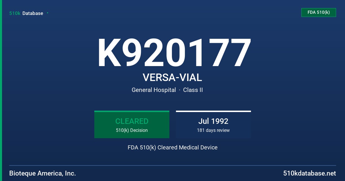 K920177 VERSA-VIAL FDA 510(k) Cleared Medical Device