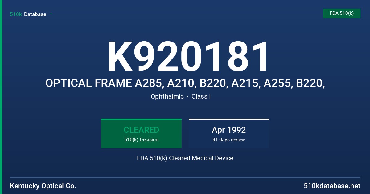 K920181 OPTICAL FRAME A285, A210, B220, A215, A255, B220, FDA 510(k) Cleared Medical Device