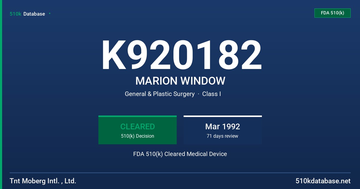 K920182 MARION WINDOW FDA 510(k) Cleared Medical Device