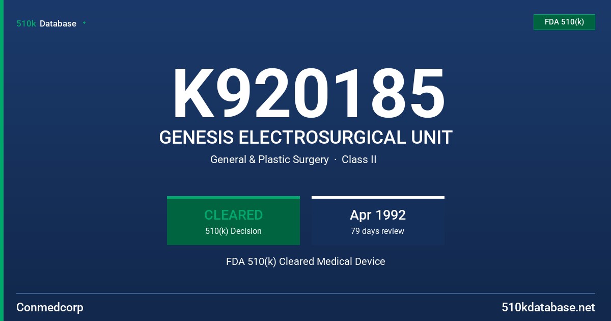 K920185 GENESIS ELECTROSURGICAL UNIT FDA 510(k) Cleared Medical Device