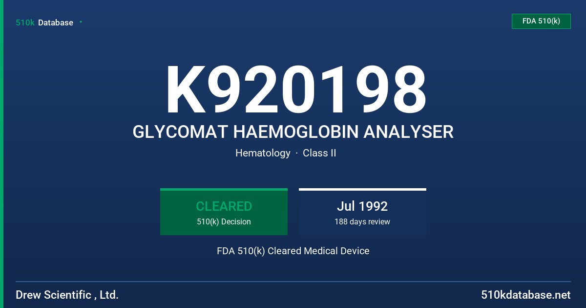 K920198 GLYCOMAT HAEMOGLOBIN ANALYSER FDA 510(k) Cleared Medical Device