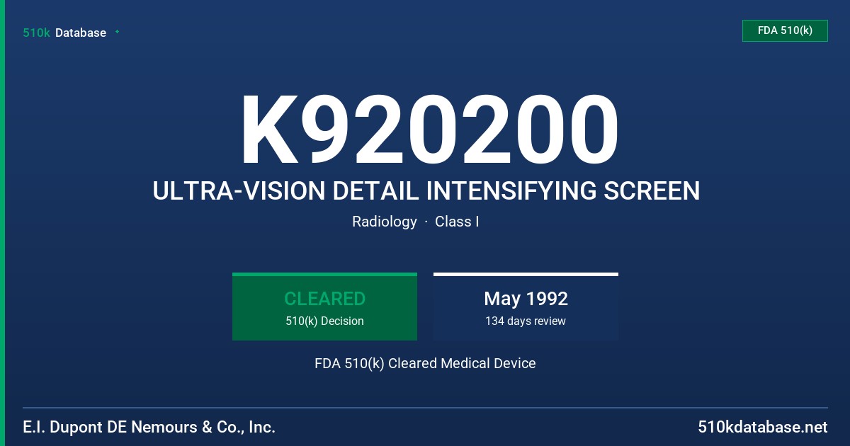 K920200 ULTRA-VISION DETAIL INTENSIFYING SCREEN FDA 510(k) Cleared Medical Device