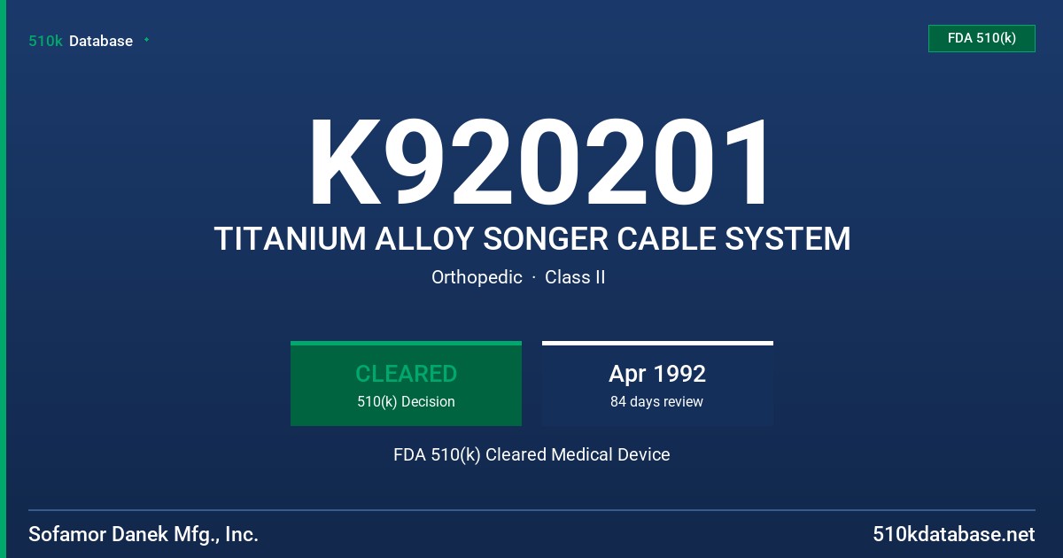 K920201 TITANIUM ALLOY SONGER CABLE SYSTEM FDA 510(k) Cleared Medical Device
