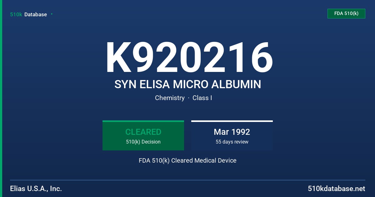 K920216 SYN ELISA MICRO ALBUMIN FDA 510(k) Cleared Medical Device