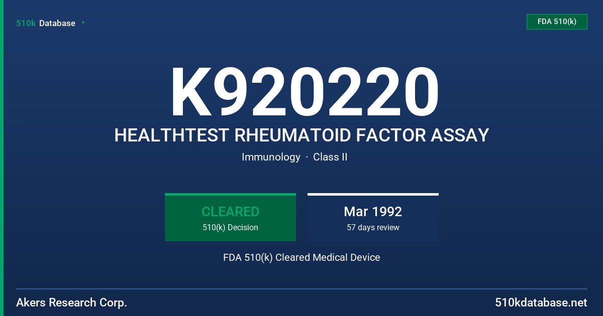 K920220 HEALTHTEST RHEUMATOID FACTOR ASSAY FDA 510(k) Cleared Medical Device