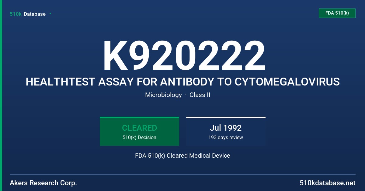 K920222 HEALTHTEST ASSAY FOR ANTIBODY TO CYTOMEGALOVIRUS FDA 510(k) Cleared Medical Device