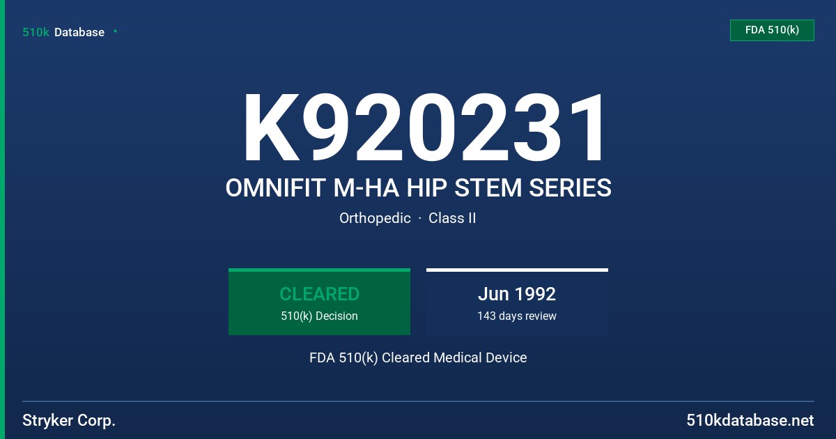 K920231 OMNIFIT M-HA HIP STEM SERIES FDA 510(k) Cleared Medical Device