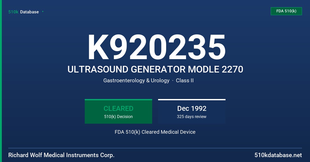 K920235 ULTRASOUND GENERATOR MODLE 2270 FDA 510(k) Cleared Medical Device